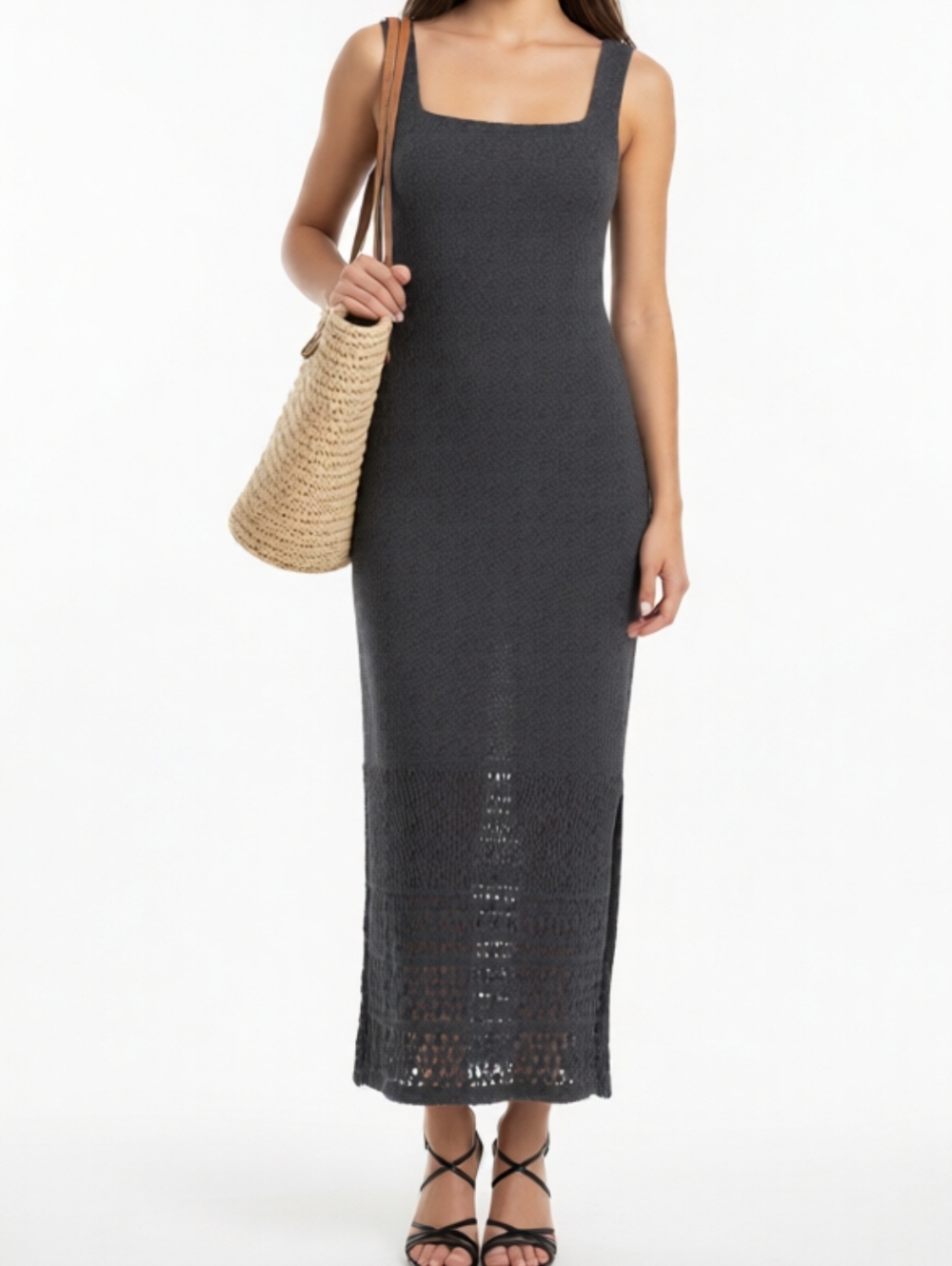 House of Harlow 1960 Sleeveless Square-Neck Crochet Maxi Dress In Black Small